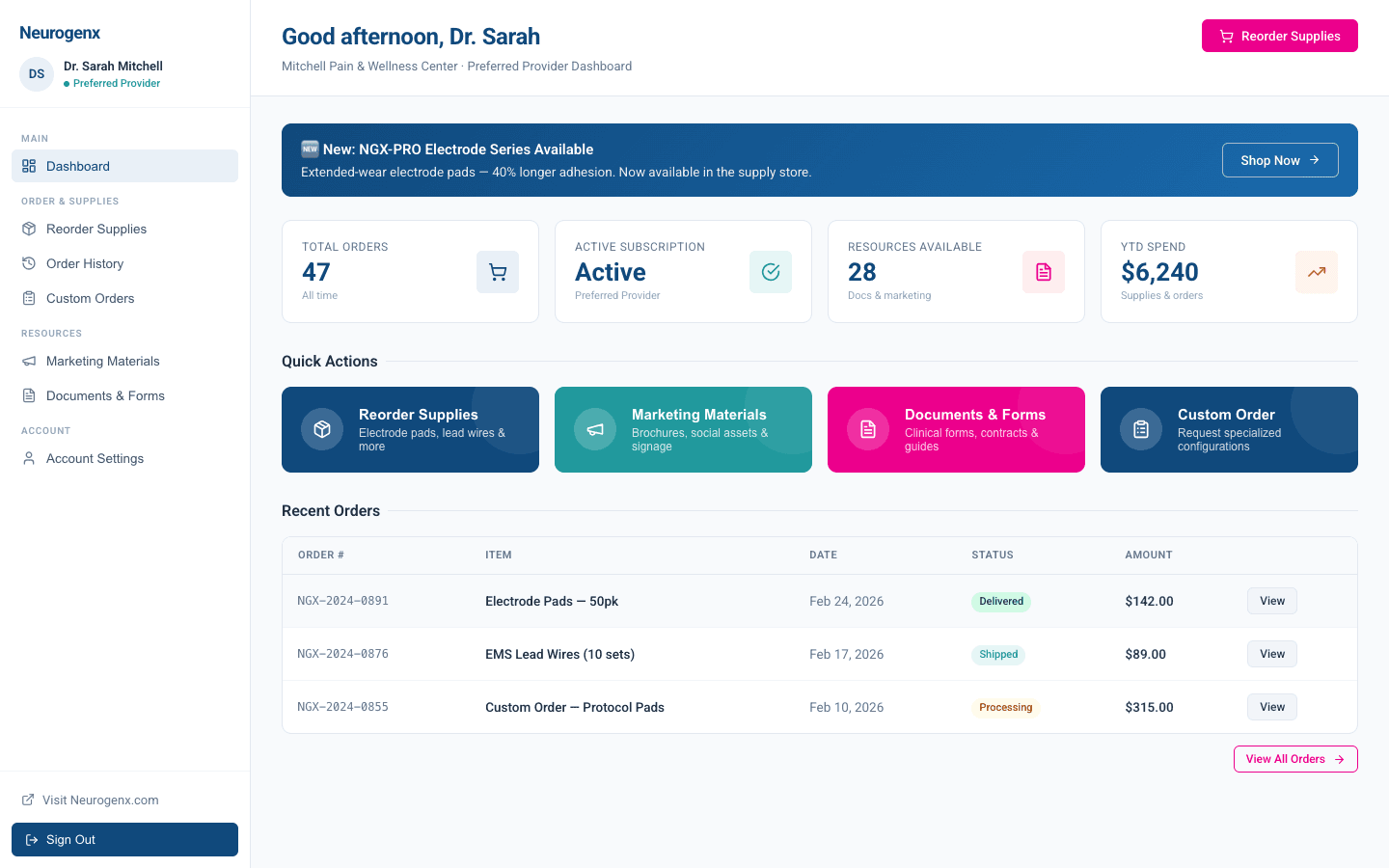 Neurogenx provider portal dashboard with stats, quick actions, and recent orders