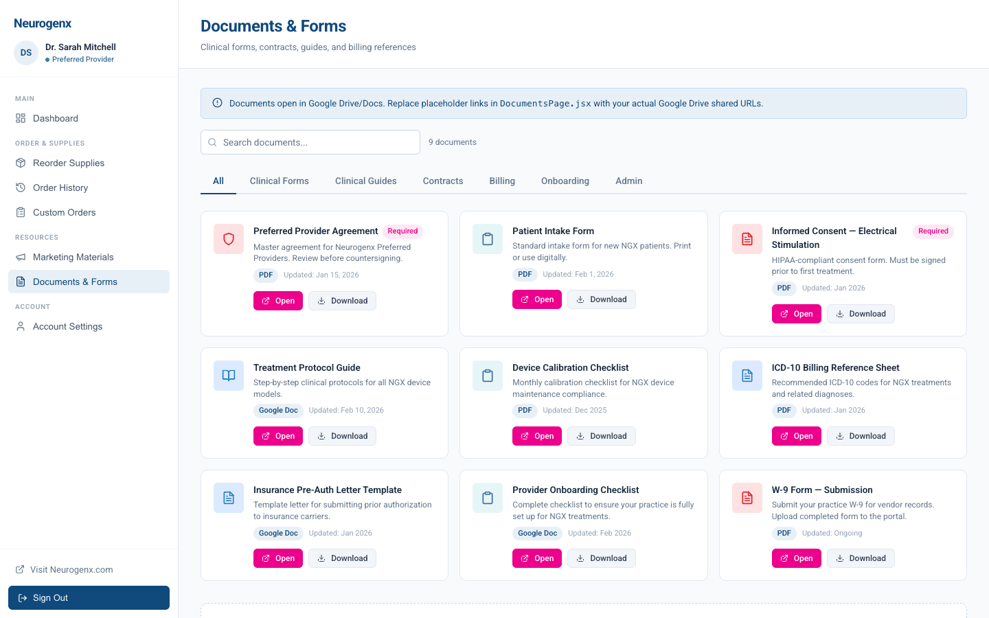 Documents and forms page with clinical forms, contracts, and billing references