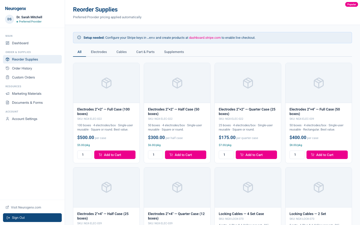 Supply ordering page with Stripe-integrated product catalog and category filters