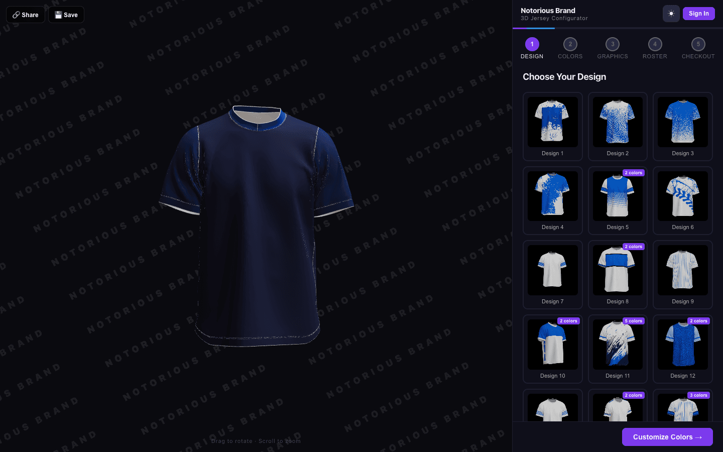 Jersey Configurator design picker with 3D jersey model and 18+ design thumbnails